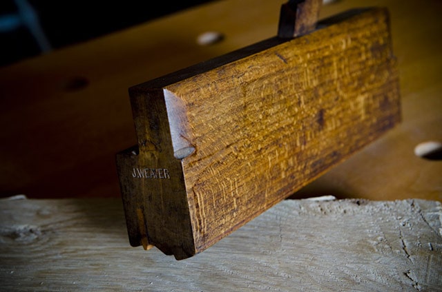 Antique Wood Plane: Molding Plane On A Woodworking Workbench With Owner Marks: J. Weaver