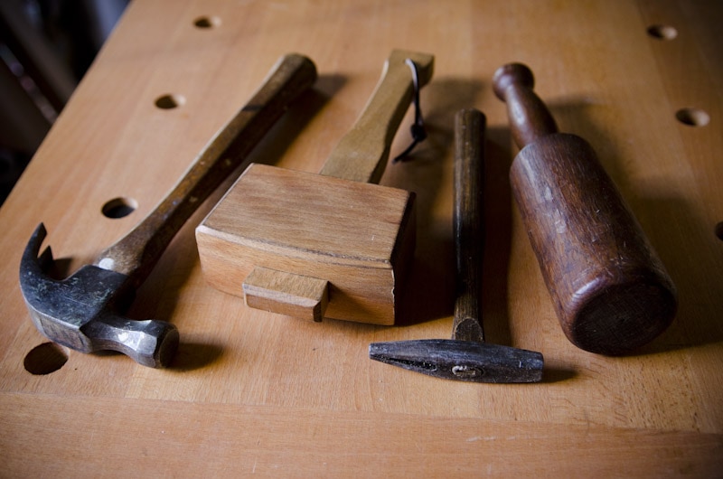 Hammers And Woodworking Joiner'S Mallets And Carving Mallet On A Woodworking Workbench