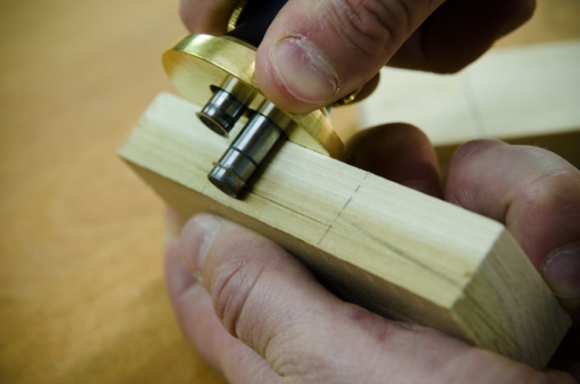 Using A Mortise Gauge To Mark A Mortise On A Mortise And Tenon Joint With Woodworking Hand Tools