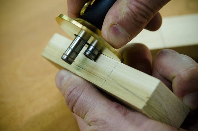 Using A Dual Wheel Mortise Gauge To Mark A Mortise On A Mortise And Tenon Joint