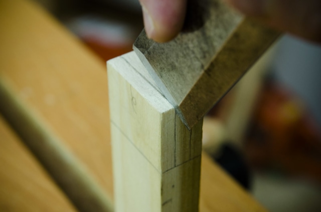 Using A Bench Chisel To Make A Notch For Cutting Tenons On A Mortise And Tenon Joint