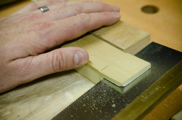 Cutting A Tenon Cheek Off With A Dovetail Saw On A Mortise And Tenon Joint
