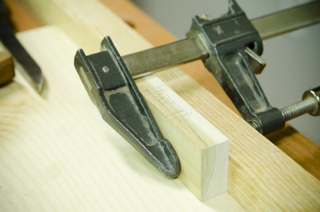 Clamp Holding A Mortise For Chopping With A Mortise Chisel