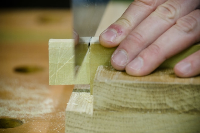 Cutting Tenons Sides On A Mortise And Tenon Joint With A Dovetail Saw