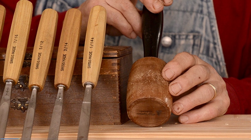 Wood Carving Tools Including Wood Carving Chisels And A Wood Carving Mallet