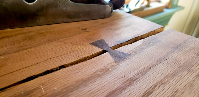 Bowtie Inlay To Prevent Splitting Or Checking In A Roubo Workbench Slab
