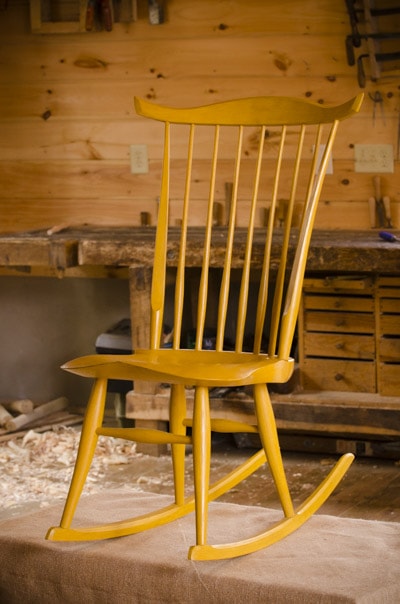Yellow Windsor Chair Made By Elia Bizzarri In His North Carolina Woodworking Workshop With A Woodworking Workbench