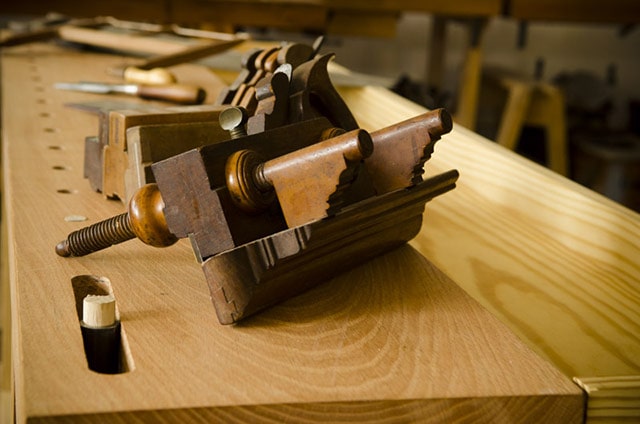 Wood Plane Collection On A Portable Moravian Workbench