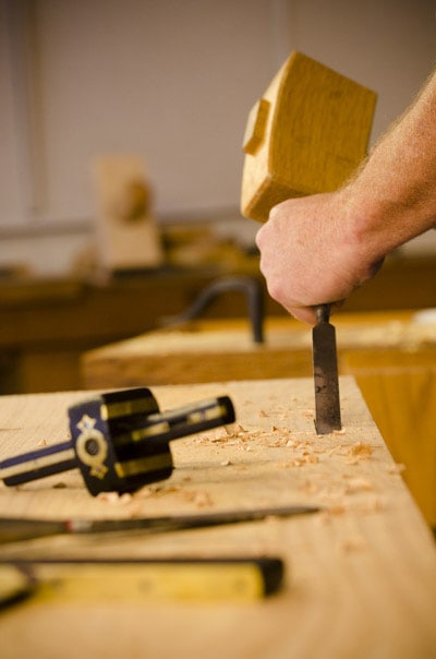 Will Myers Using A Wood Chisel And Mallet To Make A Moravian Workbench 