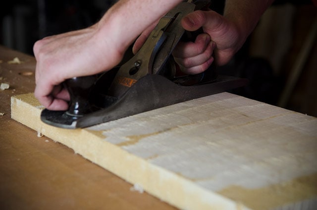 Flatten Board By Hand Planing With No. 5 Stanley Hand Plane By Beveling Edge On A Wood Work Bench