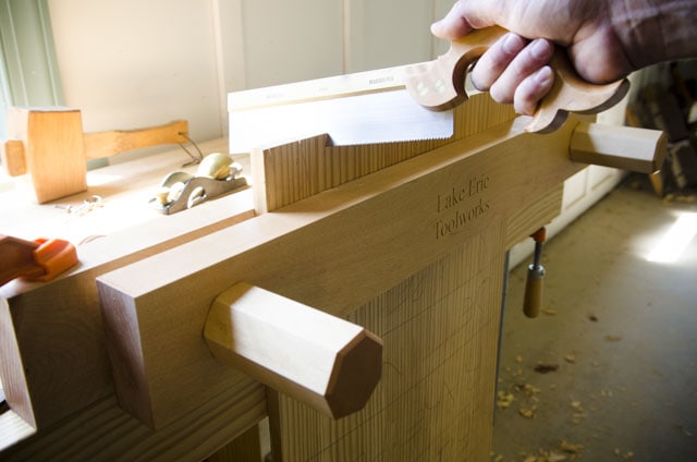 Lake Erie Moxon Vise Clamped To Woodworking Workbench Cutting Dovetails With Dovetail Hand Saw