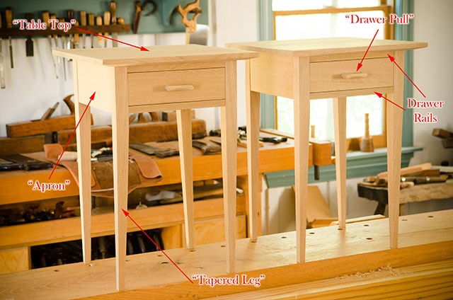 How To Build A Table Tutorial Two Oak Night Stands Sitting On A Woodworking Workbench Parts Of A Table Diagram