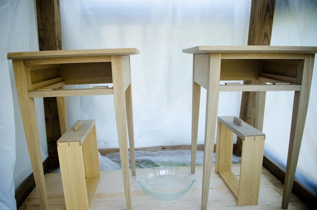 Two Night Stand End Tables In A Plastic Ammonia Fuming Tent