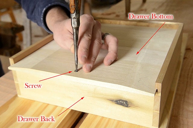 Diagram Showing Parts Of A Table Drawer With Hand Using Screwdriver To Insert Screw In Drawer Bottom