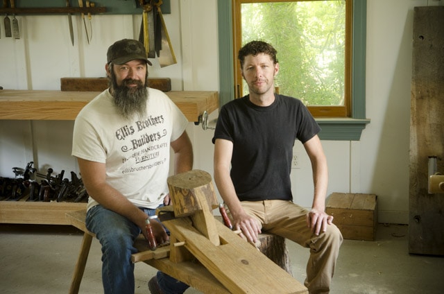 Ervin And Willie Ellis Sitting On A Woodworking Shaving Horse At Wood And Shop Woodworking School