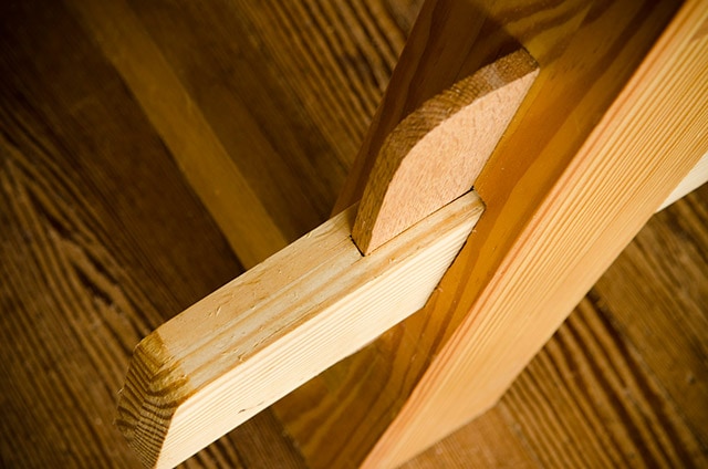 Closeup Of A Wedged Tusk Tenon Joint Or Keyed Tenon Joinery On A Moravian Workbench