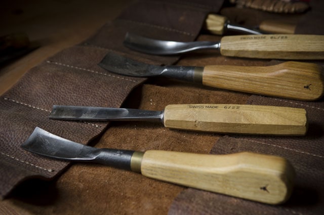 Wood Carving Tools: Swiss Made Pfeil Wood Carving Gouges On A Leather Tool Roll
