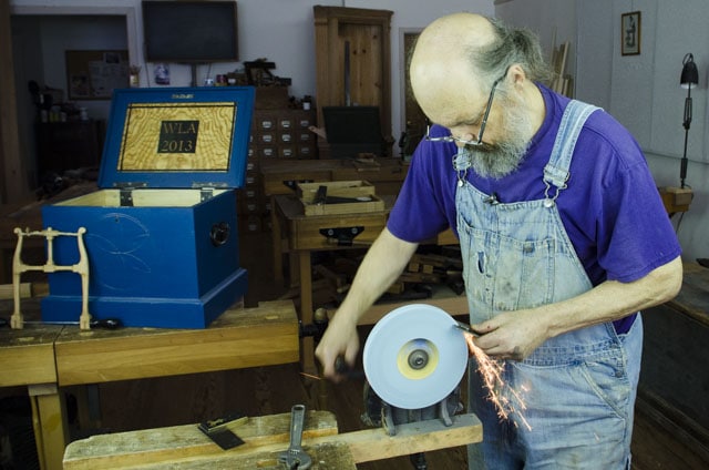 Bill Anderson Sharpening A Hand Plane Iron On A Hand Crank Grinder With Sparks