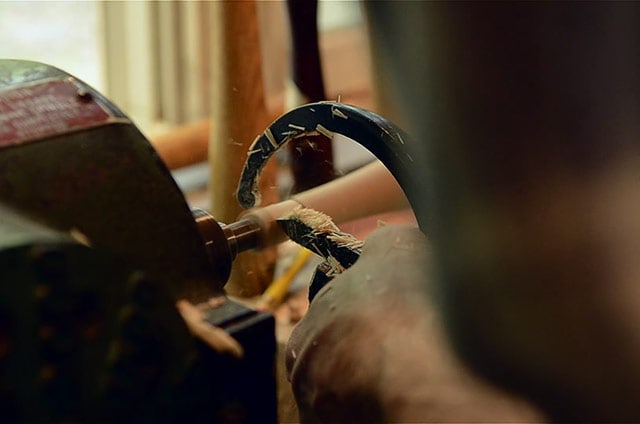 Wood Turning Using A Turner's Gate With A Bedan Tool To Turn Spindle Tenons On A Wood Lathe