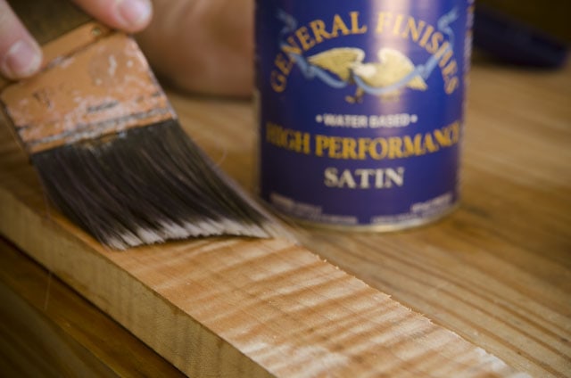 Paint Brush Applying General Finishes Water Based High Performance Satin Wood Finish On Figured Maple