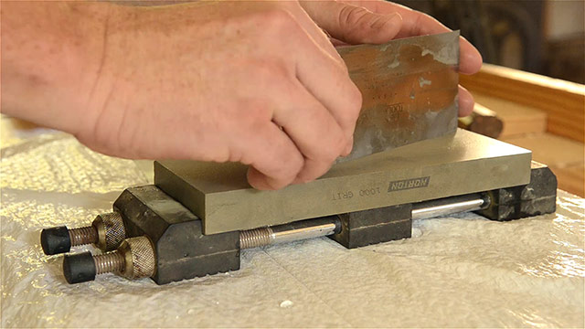 Woodworking Card Scraper Sharpening Polishing The Edge At A Skewed Angle With Water Sharpening Stone
