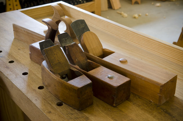 Wooden Bench Planes On A Woodworking Workbench