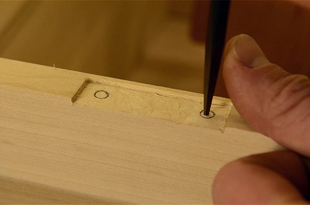 Using An Awl To Mark For A Drilling Whole While Installing Butt Hinges On A Dovetail Chest