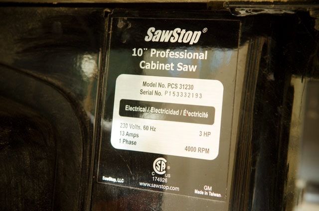 Sawstop Table Saw Horse Power Label