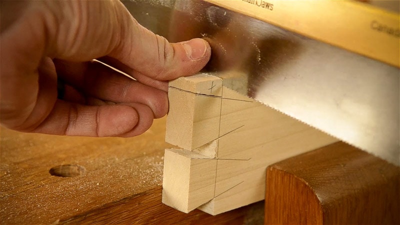 Using A Dovetail Saw To Cut A Dovetail Joint With Woodworking Hand Tools