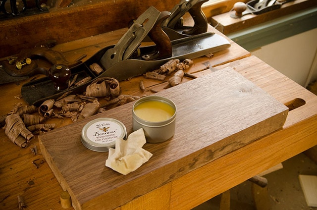 Ye Olde Beeswax Wood Finish On A Walnut Board With Stanley Planes Behind On A Roubo Workbench