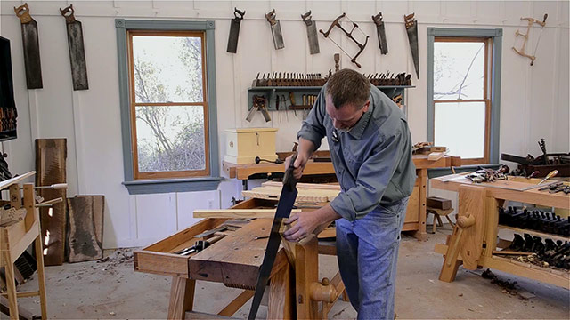 Will Myers Using A Panel Saw To Cut A Tenon On A Moravian Workbench