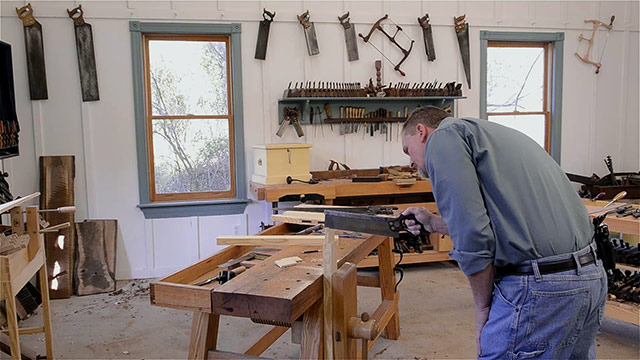 Will Myers Using A Hand Saw To Cut A Tenon On A Moravian Workbench