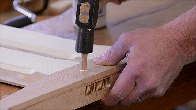 Driving A Drawbore Peg Into A Mortise And Tenon Joint With A Hammer