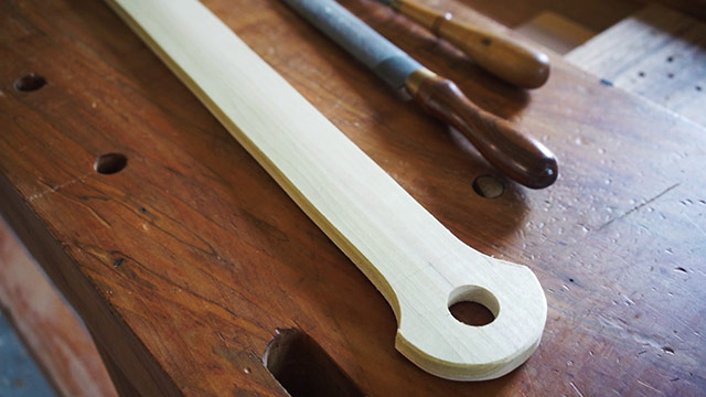 Wooden Pizza Peel Handle On A Moravian Workbench With Rasps